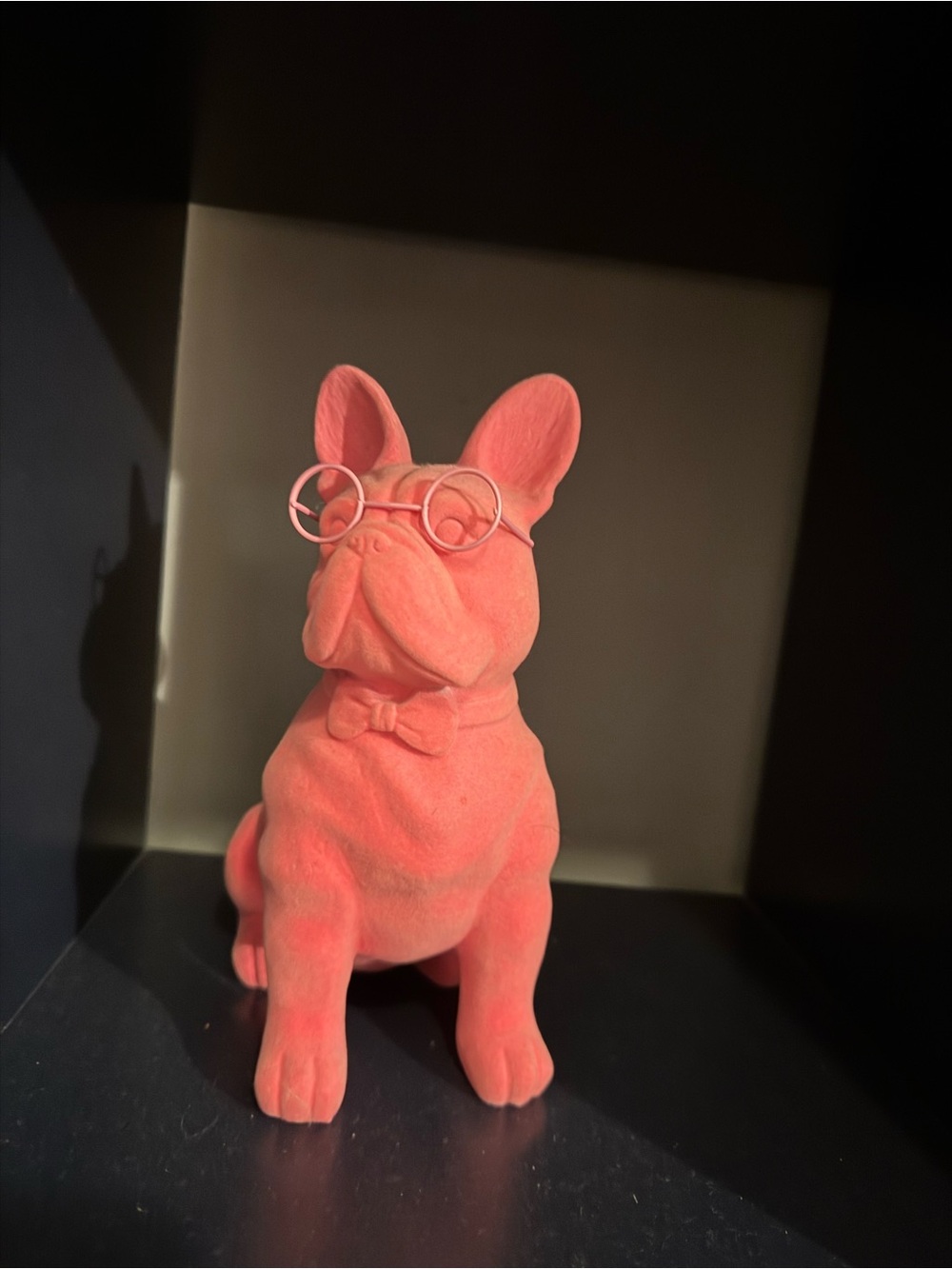 Pink Flocked French Bulldog Dog Statue Glasses Bow Tie Decor
